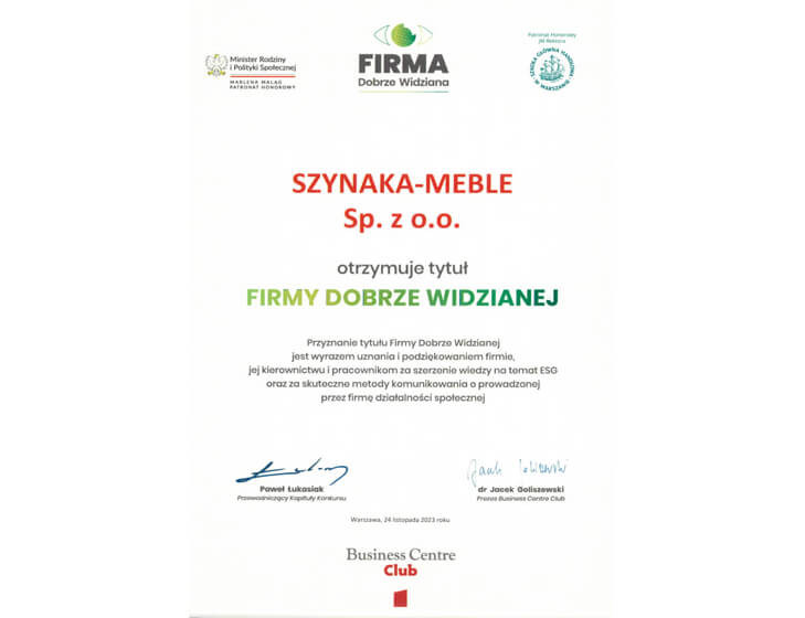 Szynaka Meble wyrózniona tytyułem Firma Dobrze Widziana